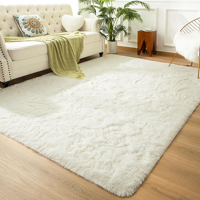 Andecor Soft Fluffy Bedroom Rugs, 5 x 8 Feet Indoor Shaggy Plush Area Rug for Boys Girls Kids Baby College Dorm Living Room Home Decor Floor Carpet, Cream White