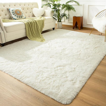 Andecor Soft Fluffy Bedroom Rugs, 5 x 8 Feet Indoor Shaggy Plush Area Rug for Boys Girls Kids Baby College Dorm Living Room Home Decor Floor Carpet, Cream White