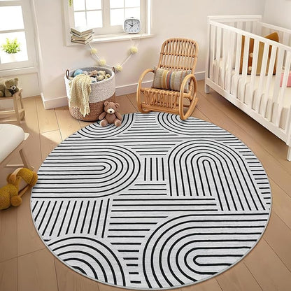 Washable Rug 4ft Area Rugs for Living Room, Abstract Rug for Bedroom, Soft Rainbow Non Slip Throw Rugs with Rubber Back, Low Pile Stain Resistant Boho Geometric Carpet for Dining Room,Blackwhite