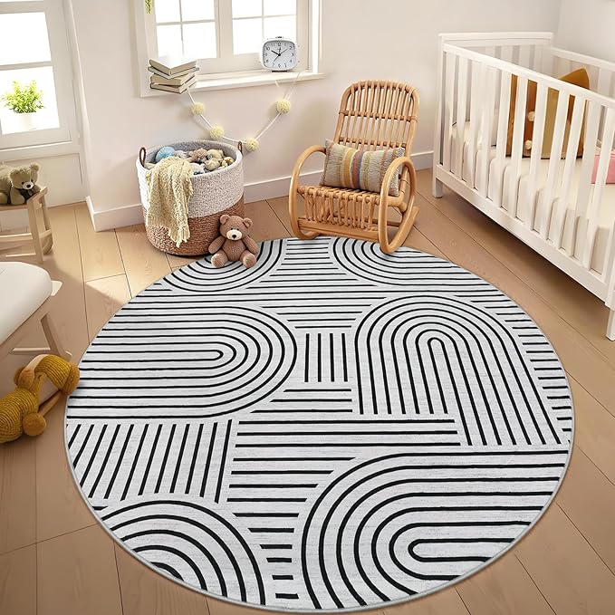Washable Rug 6ft Area Rugs for Living Room, Abstract Rug for Bedroom, Soft Rainbow Non Slip Throw Rugs with Rubber Back, Low Pile Stain Resistant Boho Geometric Carpet for Dining Room,Blackwhite