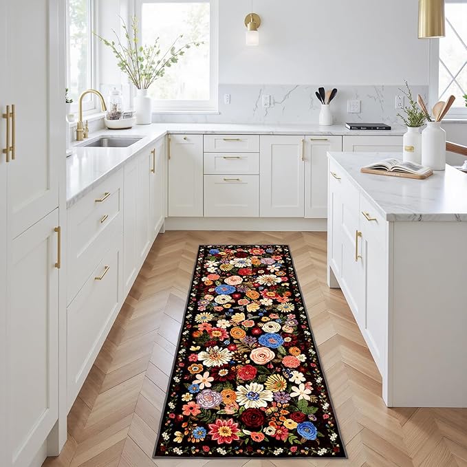 Rug for Hallways Kitchen Rug 3x7, Non Slip Washable Runner Rug with Rubber Backing Soft Floral Carpet for Hallways, Kitchen, Laundry, Bedroom, Bathroom (3 x 7, Black/Brown)