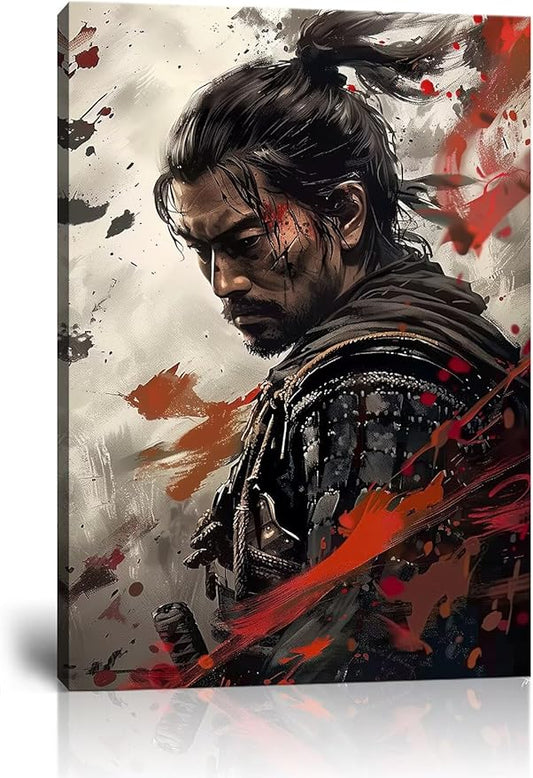 Samurai Wall Art Japan Painting Canvas Prints Warrior Figure Pictures Bushido Posters Japanese Culture Theme Artwork for Bedroom Classroom Dorm Living Room Aesthetic Decor Framed (18''W x 24''H)