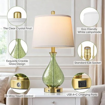 QiMH Green Glass Table Lamps for Living Room, Bedside Lamps Set of 2 with USB A+C Charging Ports, 3 Way Dimmable Touch Lamps for Nightstand, 22.5" Modern Table Lamp for Bedroom, Gold(Bulb Included)