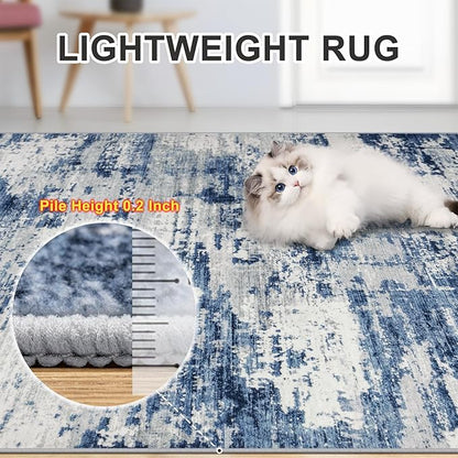Area Rugs 10x12 Living Room - Washable Rug Modern Abstract Soft Large Neutral Non-Slip Carpet Indoor Floor Thin Carpets for Bedroom Dining Room Farmhouse Nursery Home Office Blue Gray