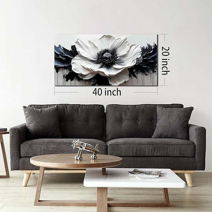 HUBOSKN Flower Canvas Wall Art for Living Room - Black and White Wall Art for Bedroom - Modern Wall Decor for Bedroom Women Size 20" x 40"