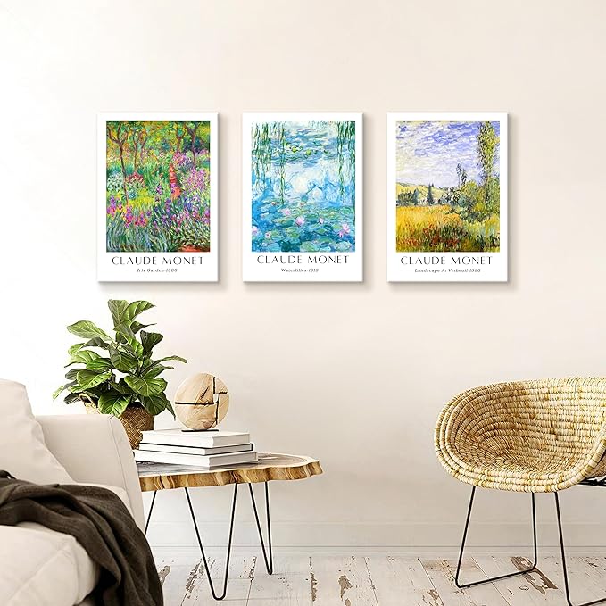 WENGTIAO Claude Monet Canvas Wall Art Prints Monet Iris Garden Landscape Oil Paintings Vintage Impressionist Reproduction Posters Pictures Classic Water Lilies Artwork for Living Room Bedroom 16x24x3