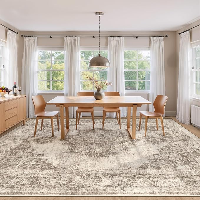 Area Rug 9x12 Vintage Rugs: Large Washable Indoor Medallion Rug Low Pile Distressed Floor Carpet Retro Accent Rugs for Living Room Bedroom Kitchen Dining Table Home Office(Taupe, 9'x12')