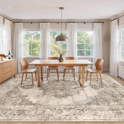 Area Rug 9x12 Vintage Rugs: Large Washable Indoor Medallion Rug Low Pile Distressed Floor Carpet Retro Accent Rugs for Living Room Bedroom Kitchen Dining Table Home Office(Taupe, 9'x12')