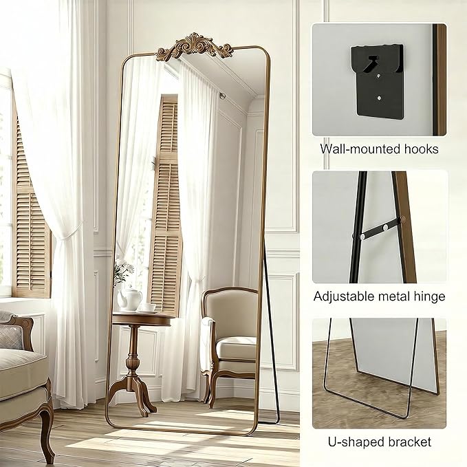 Antok Arched Full Length Mirror, 76"x34" Floor Mirror with Carved, Full Body Mirrors for HomeDecor, Standing/Halling Large Wall Mirror for Bedroom, Living Room, Cloakroom, Bronze, Ornate Style