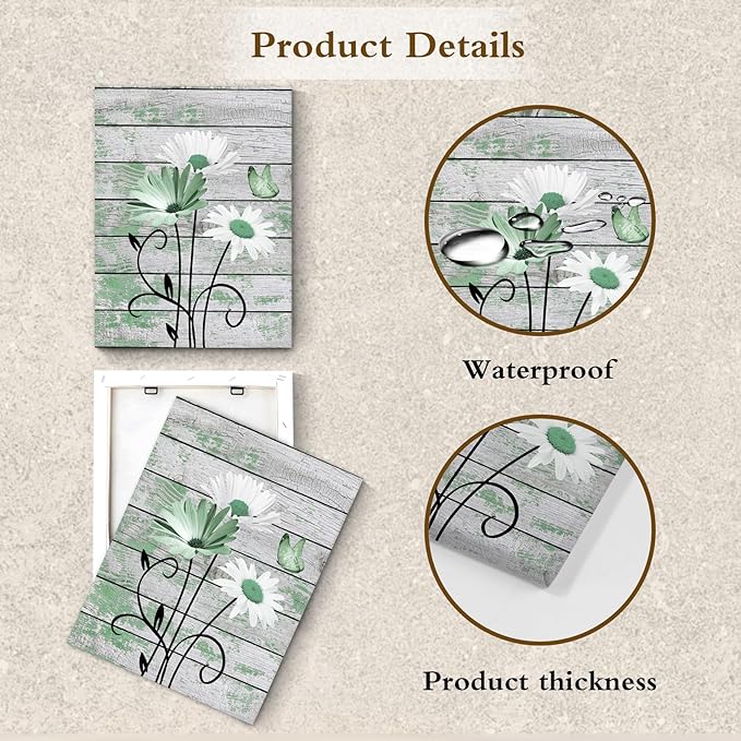HVEST Country Green Floral Wall Art for Living Room Daisy Flower with Butterfly on Vintage Wood Canvas Wall Art Rustic Farmhouse Wildflower Pictures for Bathroom Bedroom Wall Decor,20L X 16W Inches