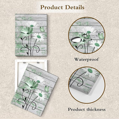 HVEST Country Green Floral Wall Art for Living Room Daisy Flower with Butterfly on Vintage Wood Canvas Wall Art Rustic Farmhouse Wildflower Pictures for Bathroom Bedroom Wall Decor,16L X 12W Inches