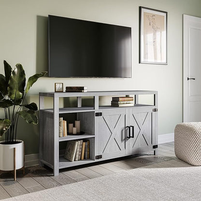 BELLEZE 58" TV Stand for TVs Up to 65", Modern Entertainment Center & TV Cabinet with Storage Shelves and Cabinet, Wood Storage Cabinet Media Console Table for Living Room Bedroom, Stone Grey
