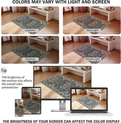 Entryway Rug 2x3 Washable Vintage Floral Rug Non Slip Low Pile Small Rugs, Floral Front Door Rugs for Entrance Kitchen Bedroom Laundry Bathroom Dark Grey