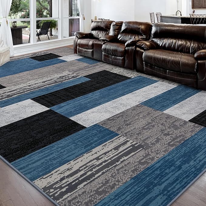 FlyDOIT Modern Geometric Patchwork Area Rug, 6x9 Blue Large Rugs for Living Room, Rockwood Collection Indoor Rugs for Bedroom, Throw Carpet Floor Decor for Entryway Dining Room Office Nursery