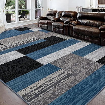FlyDOIT Modern Geometric Patchwork Area Rug, 9x12 Blue Large Rugs for Living Room, Rockwood Collection Indoor Rugs for Bedroom, Throw Carpet Floor Decor for Entryway Dining Room Office Nursery
