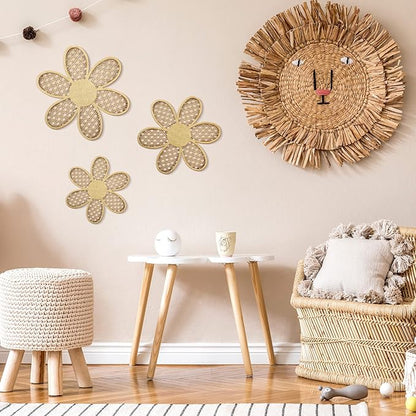 Maitys 3 Pieces Boho Daisy Wall Decor Natural Rattan Flower Wall Hanging Art Wooden Boho Art Nursery Flowers Farmhouse Hanging Decor for Home Office Nursery(Wooden Color)