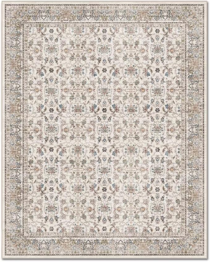 Washable 3x5 Entryway Rug, BoHo Non-slip Vintage Distress Small Rugs for Kitchen Nursery Office Bedroom, 0.3" Neutral Oriental Throw Thin Carpet with Cushioning Pad, Cream/blue/Orange/Multi,A2