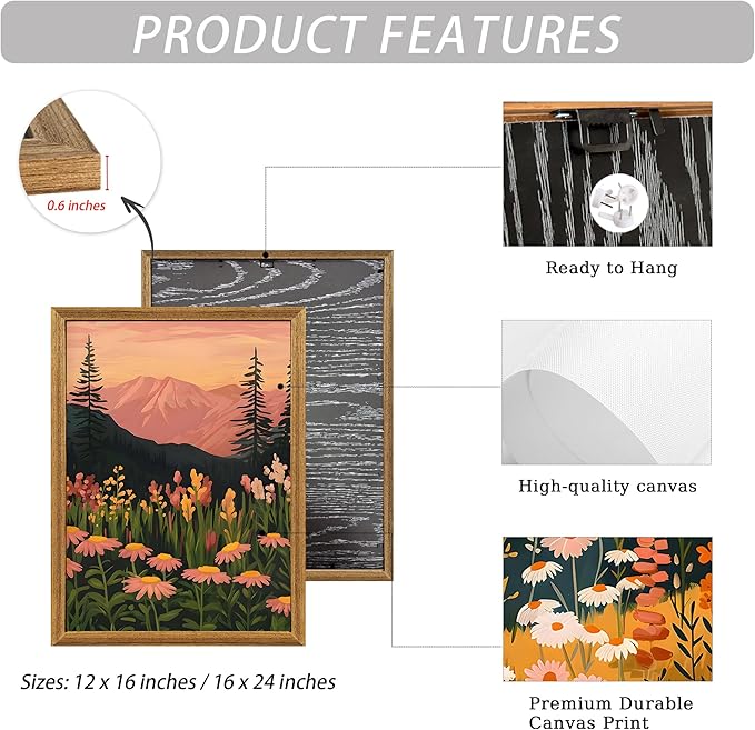ICHZUMW Framed Boho Abstract Landscape Mountain and Floral Canvas Wall Art Set of 3, Colorful Nature Botanical Paintings Artwork, Large Wildflower Wall Decor for Living Room Bedroom Office, 16x24in