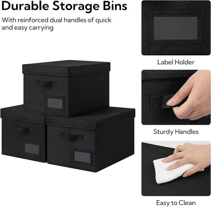 GRANNY SAYS Storage Bins with Lids, Storage Bins for Linen Closet Shelves, Decorative Storage Boxes with Label, Clothes Storage and Organization for Organizing, 3-Pack, Large, Black