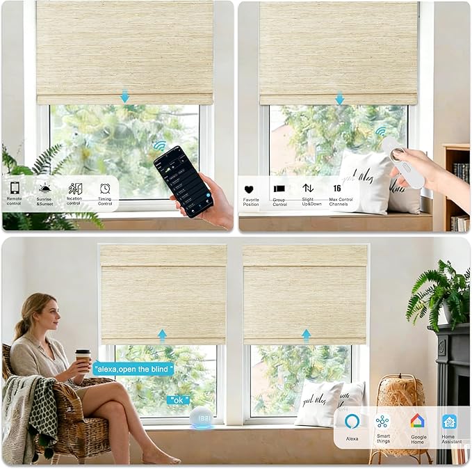 Motorized Bamboo Roman Shades, Motorized Blinds with Remote Compatible with Homekit, Alexa GoogleHome, Smart Wood Woven Shades for Indoor Windows, Customize, Desert Haze