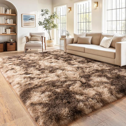Soft Shaggy Rugs Fluffy Rug, Plush Area Rugs for Living Room Nursery Home Decor, Tie-Dyed Brown Anti-Skid Rectangular Fuzzy Rug 5x7 Feet