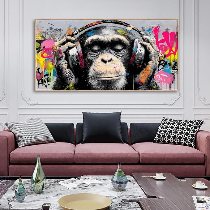 Sorbrozo DJ Gorilla with Headphones - Urban Street Graffiti Canvas Wall Art Colorful Animal Painting for Boys Room Music & Hip Hop Wall Decor Modern Home Art Print 30x58in