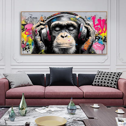 Sorbrozo DJ Gorilla with Headphones - Urban Street Graffiti Canvas Wall Art Colorful Animal Painting for Boys Room Music & Hip Hop Wall Decor Modern Home Art Print 30x58in