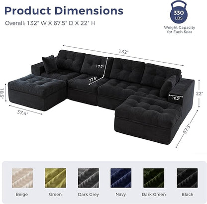 MAXYOYO 132" U Shaped Modular Sectional Sofa with 2 Ottomans, Cloud Boneless Couch with Layered Cushion, Flexible Module Combination Sofa for Living Room, No Assembly Required, Black