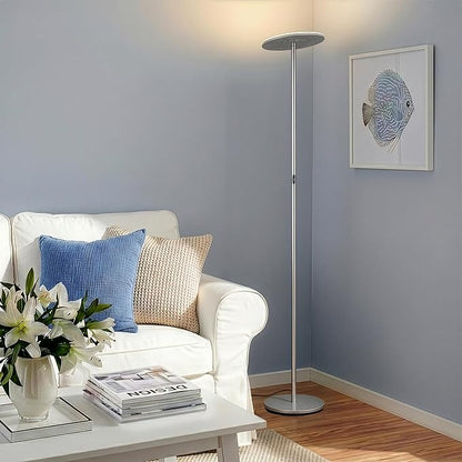 Brightech Sky LED Floor lamp, Torchiere Super Bright Floor Lamp for Living Room Decor & Office - Dimmable, Tall Standing Torch Lamp with Warm Light for Bedroom & Reading - Platinum Silver
