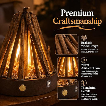 Rechargeable Campfire Night Light with Crackling Sound, Realistic Flame Lamp, 3 Modes, Timer, Portable Wireless Ambient Light for Bedroom Living Room (Walnut)