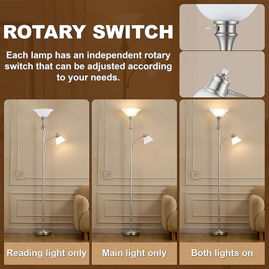 71'' Floor Lamps for Living Room, Tall Floor Lamp for Bedroom with Adjustable Angle Arc Reading lamp, Modern Torchiere Standing lamp with Glass Shade, Knob Switch, Bulb Included, Silver