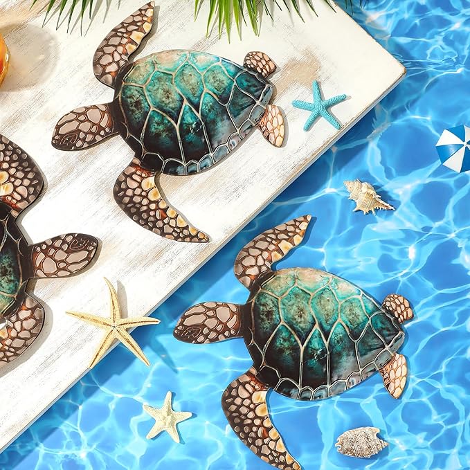 Tatuo 3 Pcs Summer Coastal Wall Decor Bathroom Beach Blue Wall Art Sea Turtle Surfboard Seahorse Starfish Seashell Conches Crabs Sea Life Decor for Bedroom Home (Classic Turtle Style)