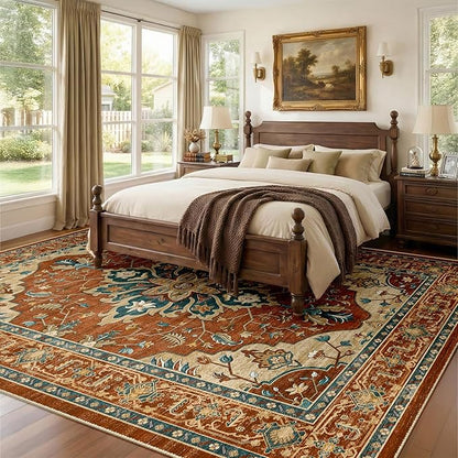 RELEANY Area Rugs 8'x10' Washable Non-Slip, Floral Vintage Distress Print Pattern Medallion Carpet for Living Room Bedroom Dining Room, Red Orange Blue Brown