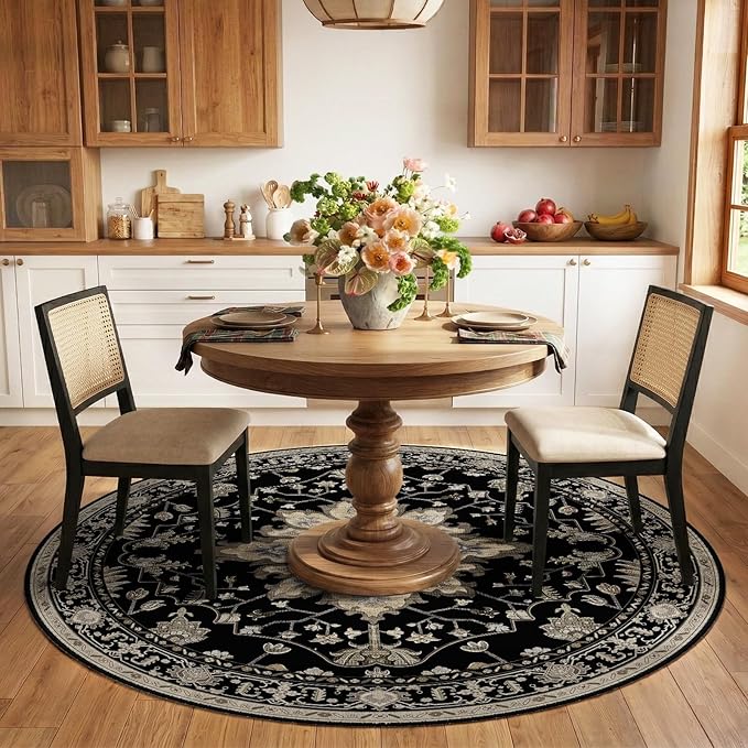 RELEANY Area Rugs Round 6ft Washable Non-Slip, Floral Vintage Distress Print Pattern Medallion Carpet for Living Room Bedroom Dining Room, Black Brown Neutral Dark Tan