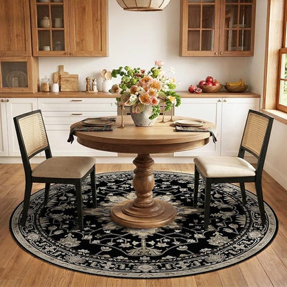 RELEANY Area Rugs Round 6ft Washable Non-Slip, Floral Vintage Distress Print Pattern Medallion Carpet for Living Room Bedroom Dining Room, Black Brown Neutral Dark Tan