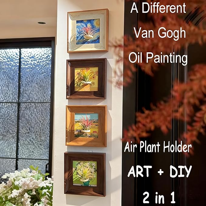 Set of 4 Van Gogh Painting & Air Plant Living Holder Stand Wall Art Decor 2-in-1 DIY 3D Magnetic Textured Airplant Frames with Famous Art Prints, Vintage Living Room Bedroom Wall Hanging Decorations