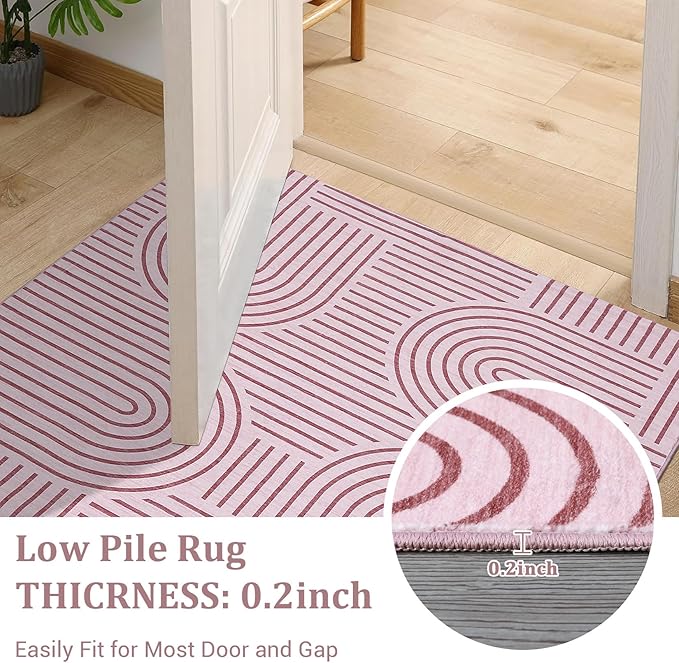 ROYHOME Washable Rug 8x10 Area Rugs for Living Room, Abstract Rug for Bedroom, Soft Rainbow Non Slip Throw Rugs with Rubber Back, Low Pile Stain Resistant Boho Geometric Carpet for Dining Room, Pink