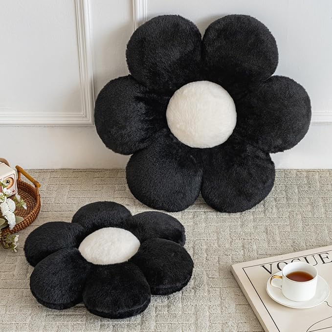 Flower Pillows, Decorative Pillows for Couch, Cute Daisy Pillow for Bed, Flower Shaped Decorative Throw Pillow Room Decor (Black, 19.6 Inches)