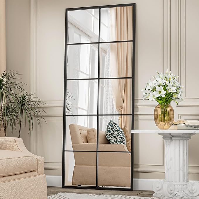 Prywot Full Length Mirror, 65"x24" Window Pane Mirror for Wall Decor, Black Full Body or Wall Mounted Mirrors, Farmhouse Standing Mirrors Hanging or Leaning for Living Room, Entryway, No Stand