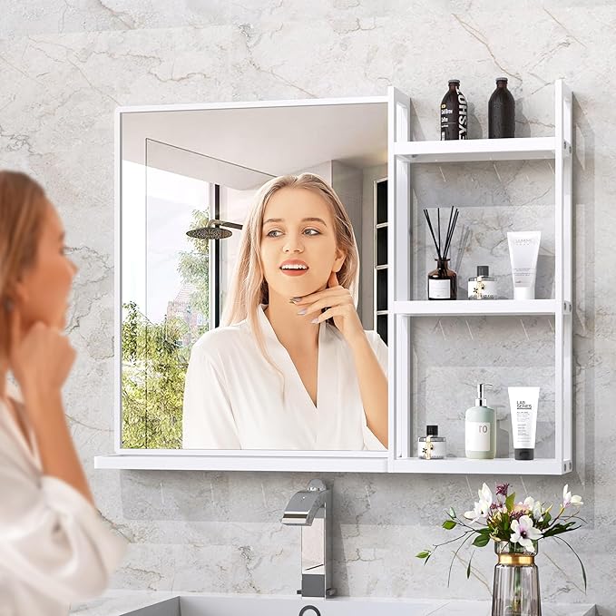 White Metal Framed Bathroom Mirror with Shelf, 24.4 X 31 in Rectangular Wall Mounted Bathroom Vanity Mirror, Modern Bathroom Mirror with Storage for Over Sink, Entryway (White)