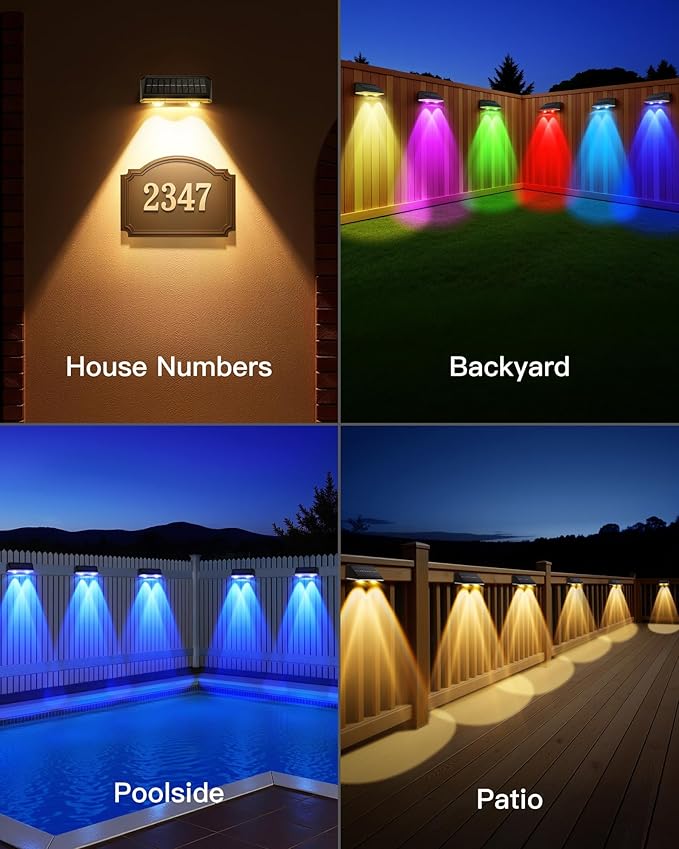 Solar Fence Lights Outdoor, 6 Pack IP65 Waterproof Fence Lights Solar Powered with Ultra-Bright LED Lens, 9 Color Modes, 12+ Hours Steady Glow for Deck/Backyard/Patio/Pool/Wall - Pure Black