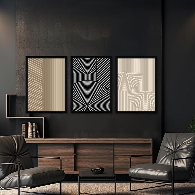 FWAHREN Framed Modern Abstract Minimalist Neutral Canvas Wall Art, Geometric Textured Line Mid Century Prints Artwork, Contemporary Japandi Wall Decor, Living Room Bedroom Office, Set of 3, 16x24in