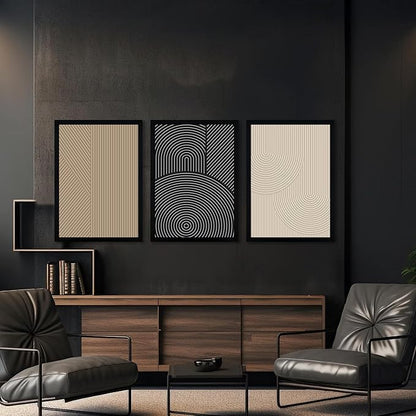 FWAHREN Framed Modern Abstract Minimalist Neutral Canvas Wall Art, Geometric Textured Line Mid Century Prints Artwork, Contemporary Japandi Wall Decor, Living Room Bedroom Office, Set of 3, 16x24in