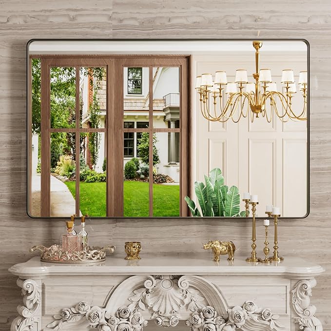 JISOSO Black Bathroom Mirror 48X30 Inch, Black Metal Framed Mirror for Wall, Rounded Rectangle Matte Bathroom Vanity Mirror with Tempered Glass, Anti-Rust, Horizontal/Vertical