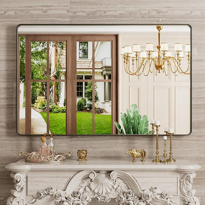 JISOSO Black Bathroom Mirror 48X30 Inch, Black Metal Framed Mirror for Wall, Rounded Rectangle Matte Bathroom Vanity Mirror with Tempered Glass, Anti-Rust, Horizontal/Vertical