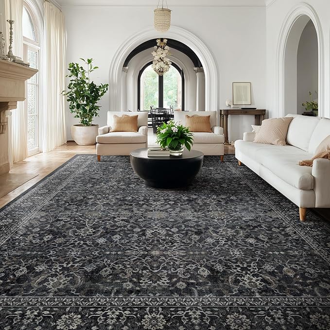 Dark Big Rug 10x12, Vintage Carpet Large Size 10x12 for Living Room Bedroom, Washable Non Slip Low Pile Thin Room Rug for Dining Room Family Room, Farmhouse Earth Tone Midnight