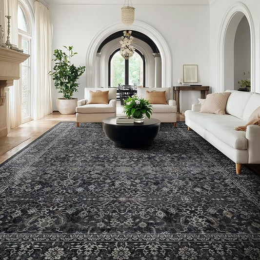 Dark Big Rug 10x12, Vintage Carpet Large Size 10x12 for Living Room Bedroom, Washable Non Slip Low Pile Thin Room Rug for Dining Room Family Room, Farmhouse Earth Tone Midnight