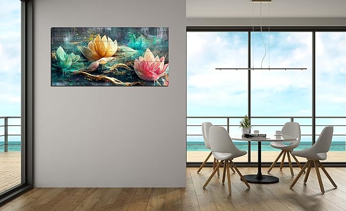 GUGIKA Lotus Flower Wall Art for Living Room, Floral Canvas Wall Decor for Bedroom, Teal Vintage Print Painting, Colorful Artwork for Home, Aesthetic Picture Decoration, Size 40x20