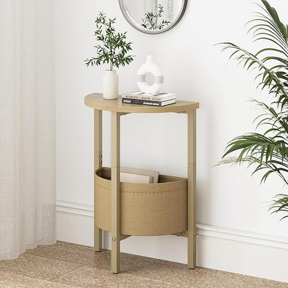 Vagusicc Small Round Side Table End Table, Tall Accent Table with Storage Basket, Set of 2 Half Round Tables Half Moon Tables, Coffee Bedside Tables, Modern Nightstand for Living Room Bedroom,Natural