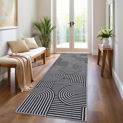 ROYHOME Modern Rug 2.5x10 Runners for Hallways, Abstract Kitchen Runner Rugs Non Slip Bath Mat, Rainbow Washable Runner Rug for Bedroom, Soft Long Rugs for Entryway Bathroom Laundry Dorm, Black